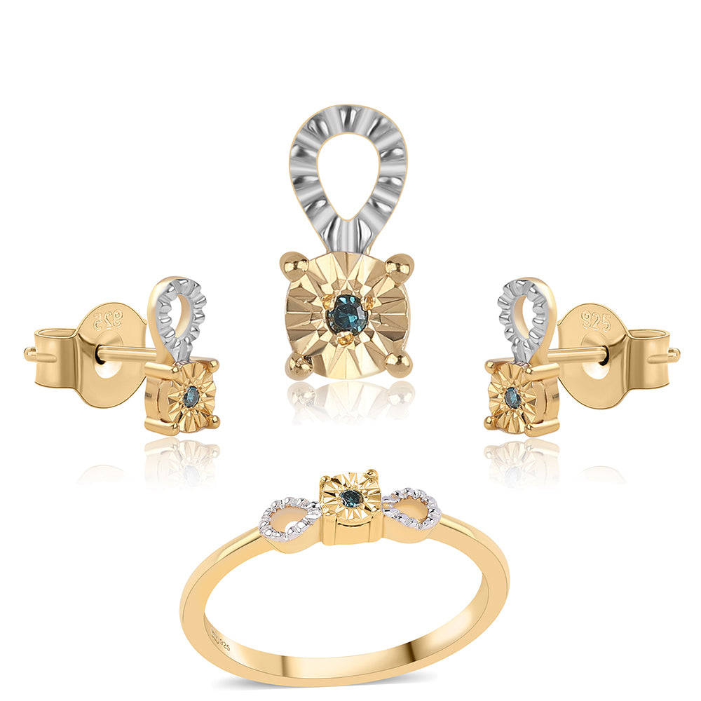 Pozlátené Strieborné Sada s Modrým Diamantom ( Náušnice+Prsteň +Prívesok ) 1 