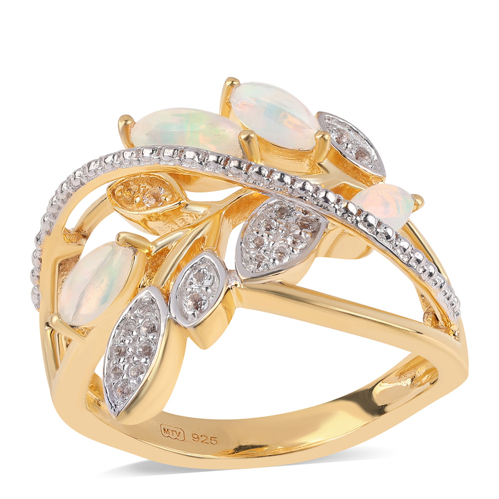 Pozlátený Strieborný Prsteň s Etiópskym Opálom z Lega Dembi a Bielym Topásom