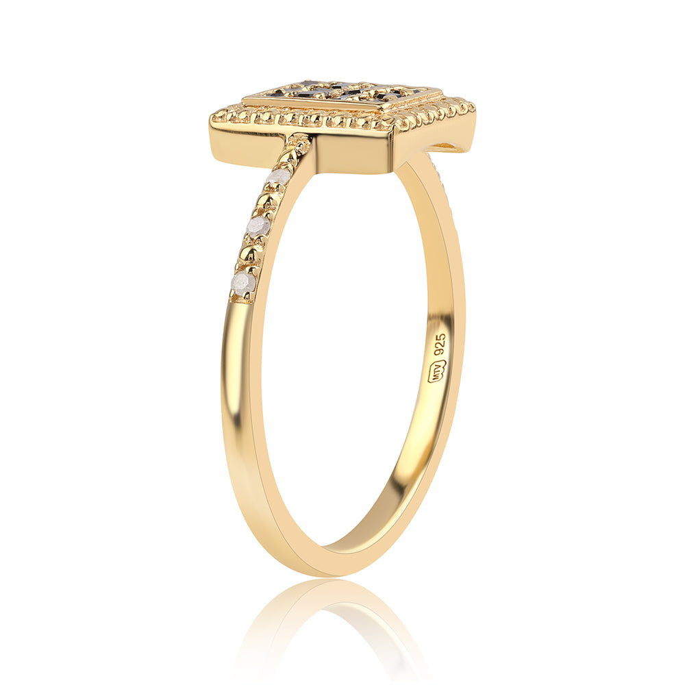 Pozlátený Strieborný Prsteň s Čiernym Diamantom a Bielym Diamantom