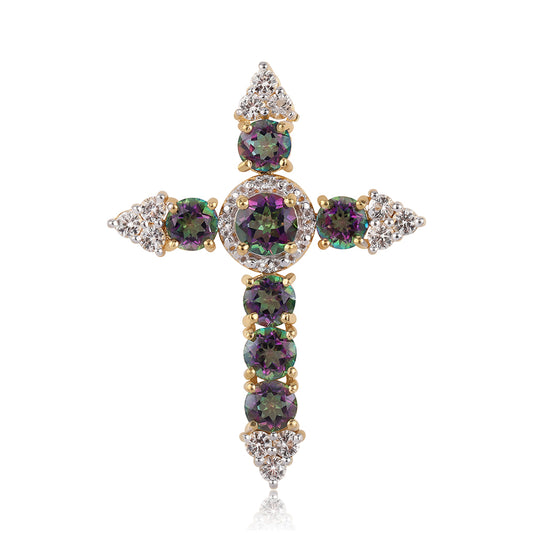 Kríž Pozlátený Strieborný Prívesok s Mystickým Topásom a Bielym Topásom