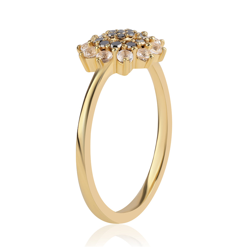 Pozlátený Strieborný Prsteň s Čiernym Diamantom a Bielym Topásom