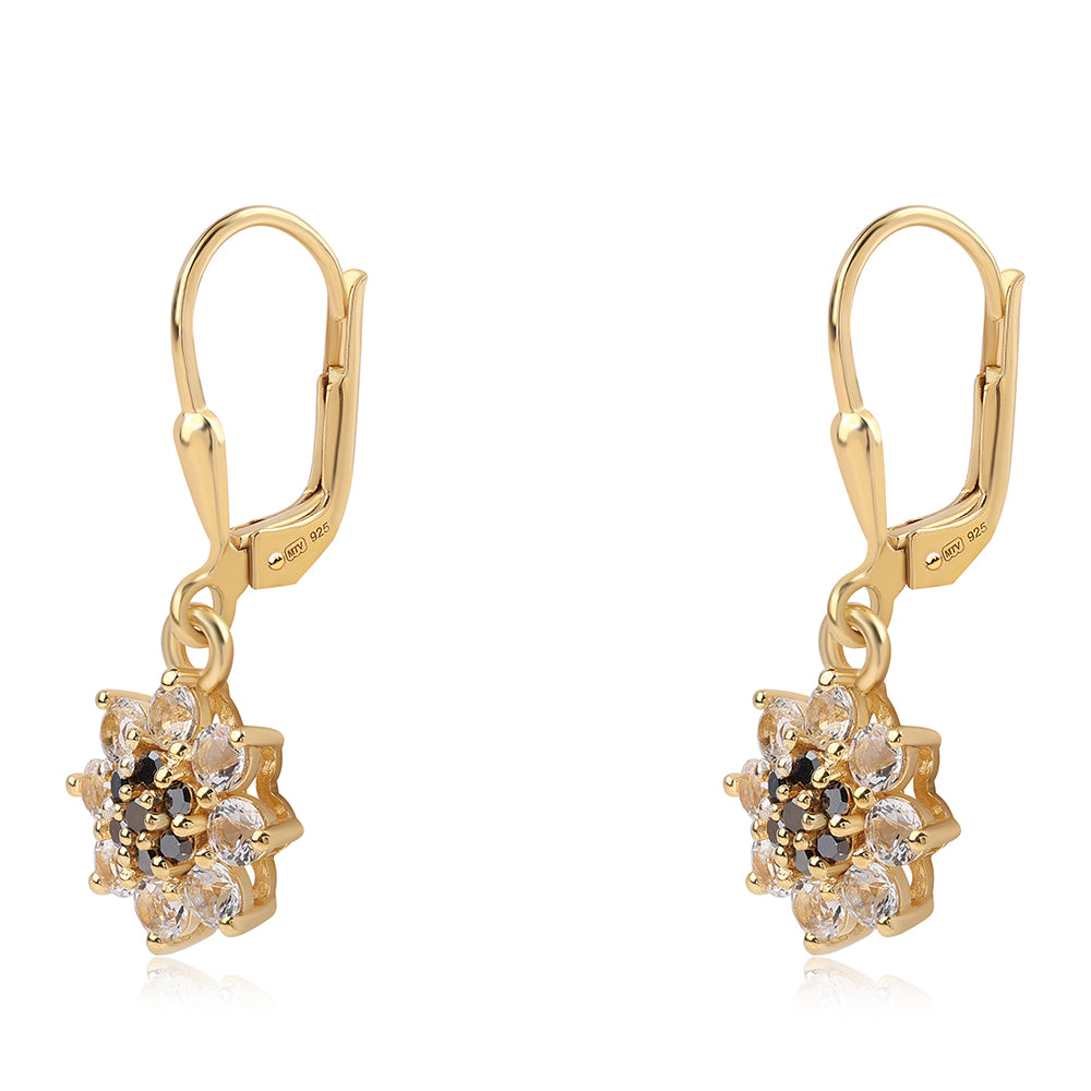 Pozlátené Strieborné Náušnice s Čiernym Diamantom a Bielym Topásom