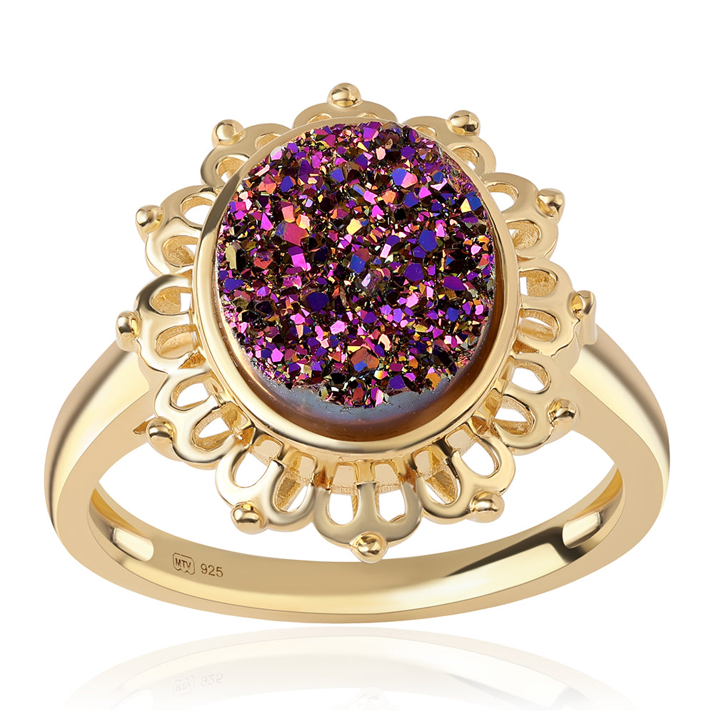 Pozlátený Strieborný Prsteň s Fialovou Drusy