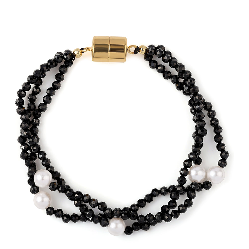 Pozlátený Strieborný Náramok s Čiernym Spinelom a Bielou Sladkovodnou Perlou