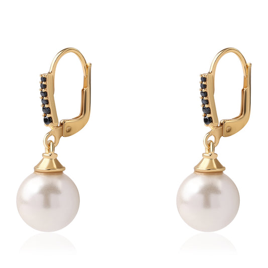 Pozlátené Strieborné Náušnice s Čiernym Spinelom a Bielou Sladkovodnou Perlou