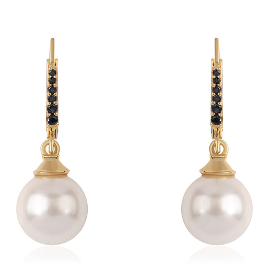 Pozlátené Strieborné Náušnice s Čiernym Spinelom a Bielou Sladkovodnou Perlou
