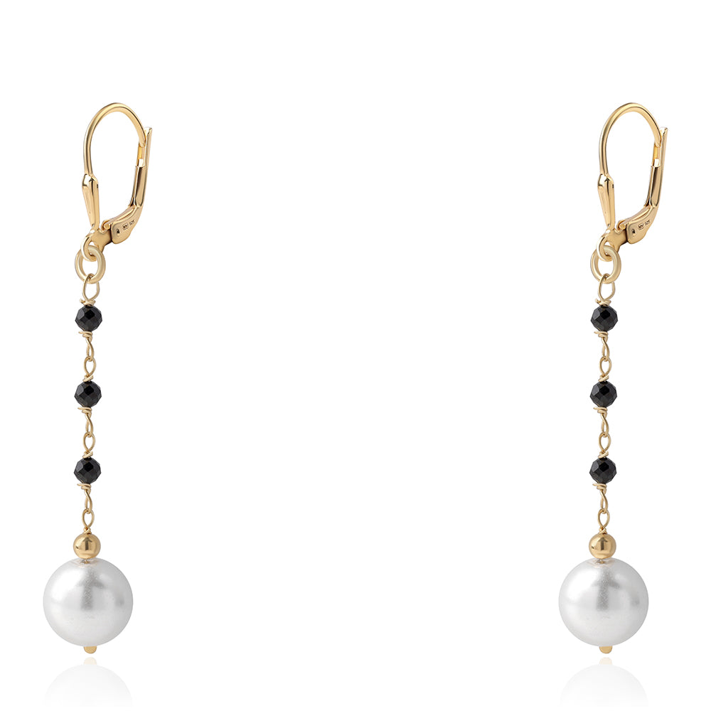 Pozlátené Strieborné Náušnice s Čiernym Spinelom a Bielou Sladkovodnou Perlou 1 