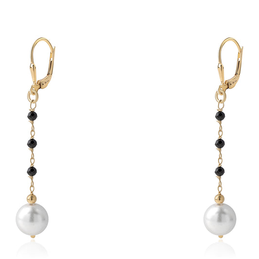 Pozlátené Strieborné Náušnice s Čiernym Spinelom a Bielou Sladkovodnou Perlou