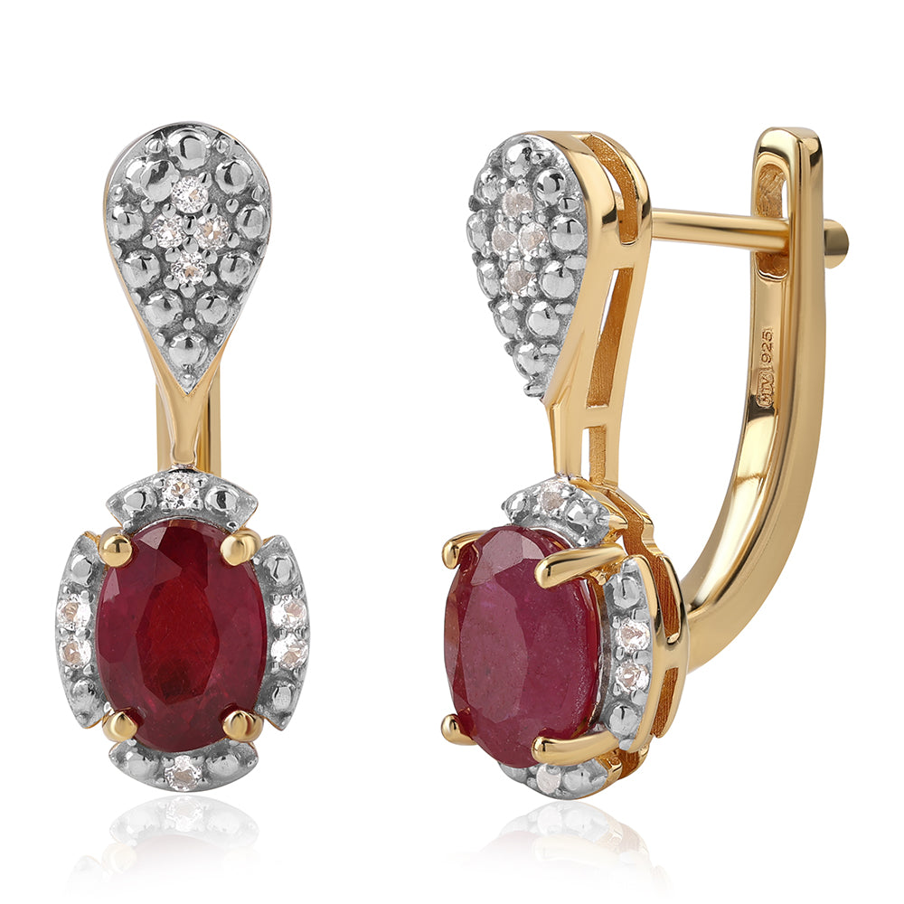 Pozlátené Strieborné Náušnice s Mozambickým Rubínom a Bielym Topásom