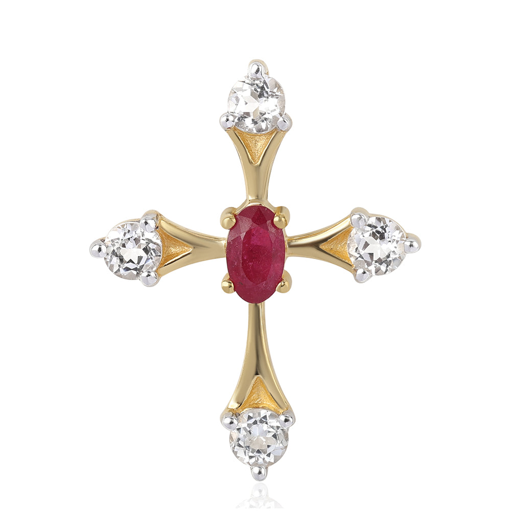 Kríž Pozlátený Strieborný Prívesok s Mozambickým Rubínom a Bielym Topásom
