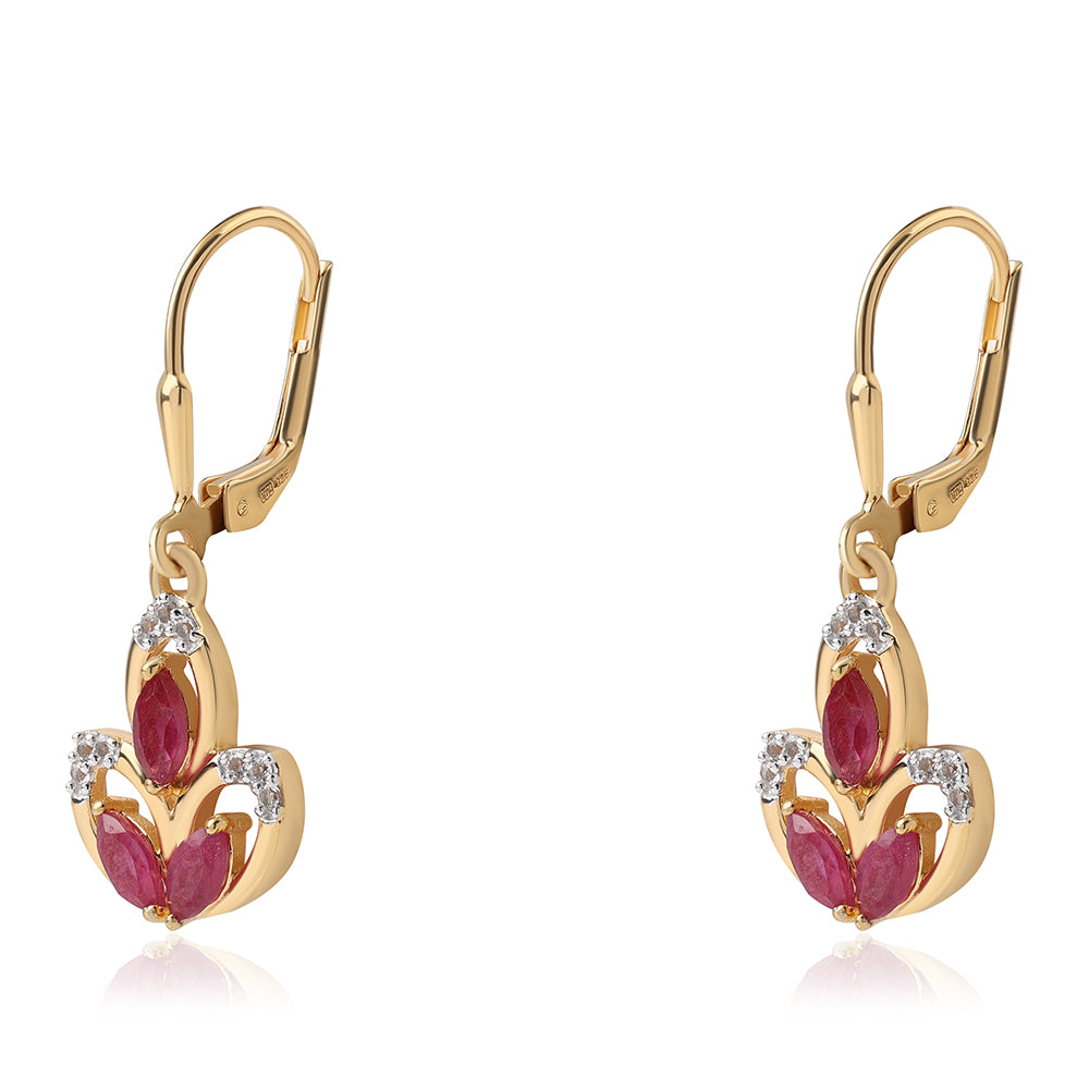 Pozlátené Strieborné Náušnice s Mozambickým Rubínom a Bielym Topásom 2 