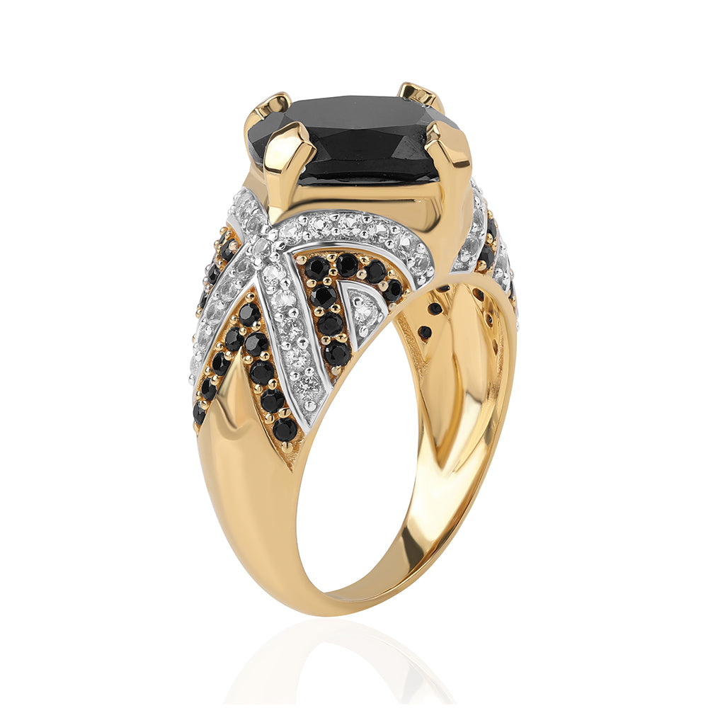 Pozlátený Strieborný Prsteň s Čiernym Spinelom a Bielym Topásom