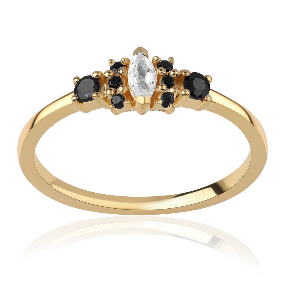 Pozlátený Strieborný Prsteň s Čiernym Spinelom a Bielym Topásom 1 