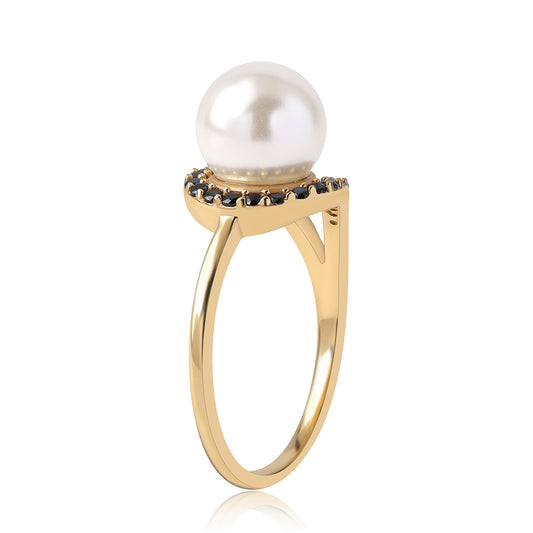 Pozlátený Strieborný Prsteň s Čiernym Spinelom a Bielou Sladkovodnou Perlou