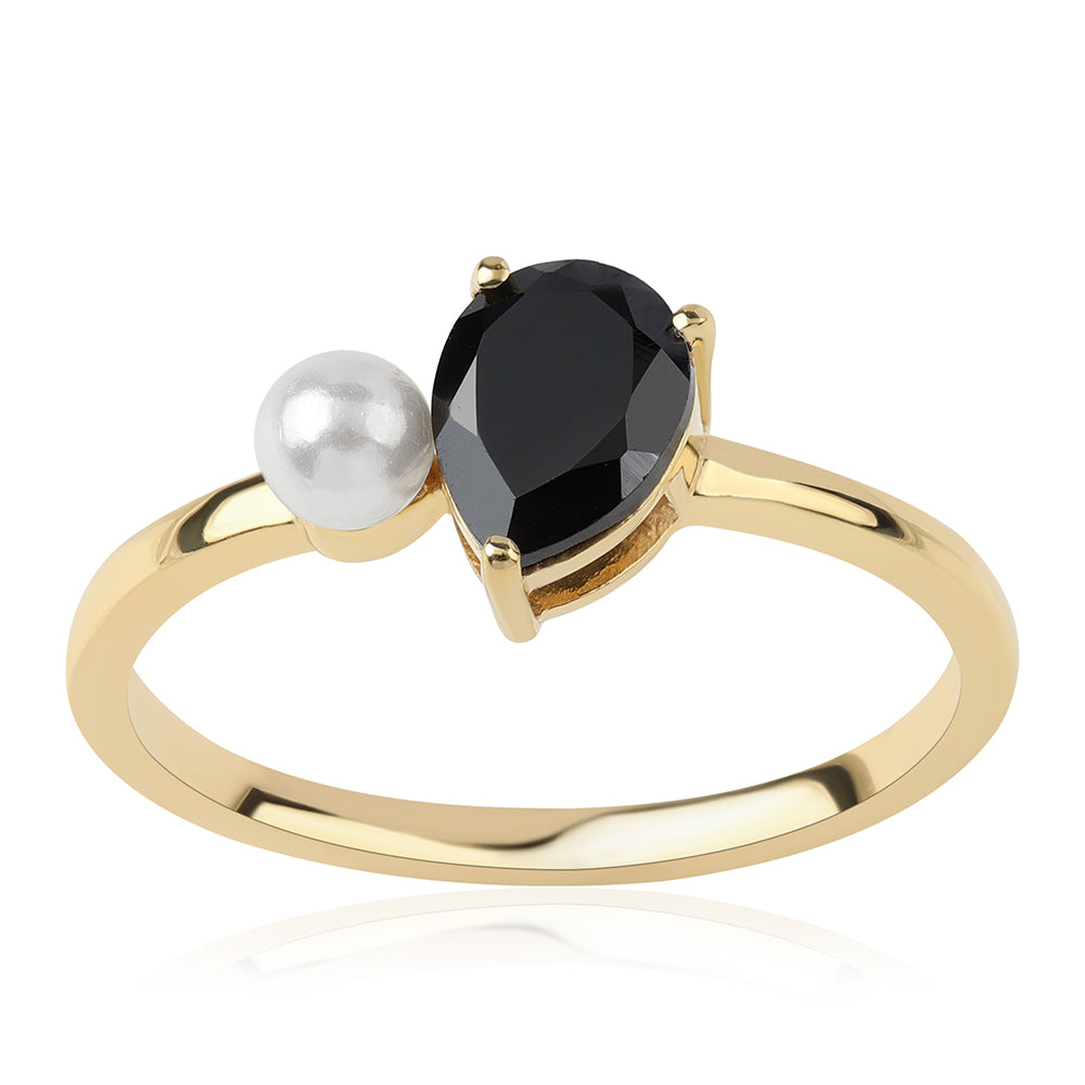 Pozlátený Strieborný Prsteň s Čiernym Spinelom a Bielou Sladkovodnou Perlou 1 