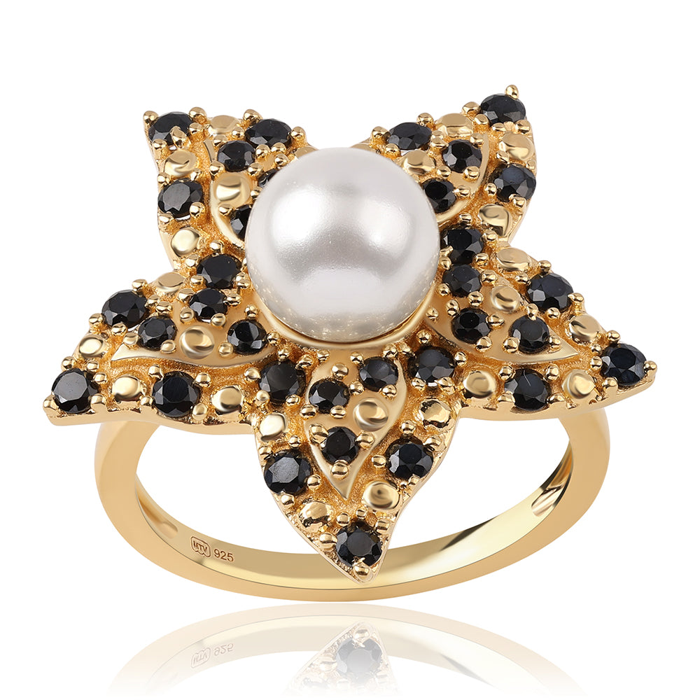 Pozlátený Strieborný Prsteň s Čiernym Spinelom a Bielou Sladkovodnou Perlou 1 