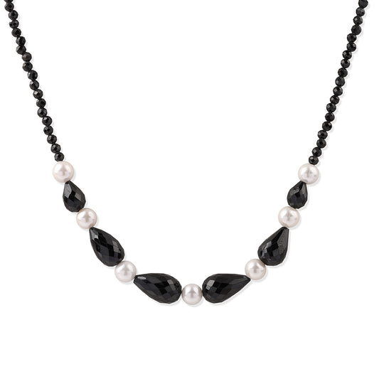 Pozlátený Strieborný Náhrdelník s Čiernym Spinelom a Bielou Sladkovodnou Perlou