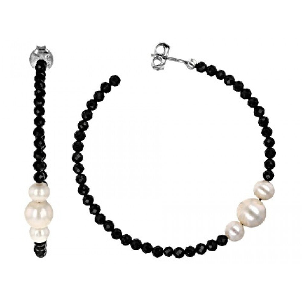 Pozlátené Strieborné Náušnice s Čiernym Spinelom a Bielou Sladkovodnou Perlou