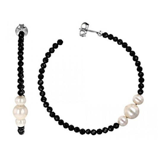 Pozlátené Strieborné Náušnice s Čiernym Spinelom a Bielou Sladkovodnou Perlou