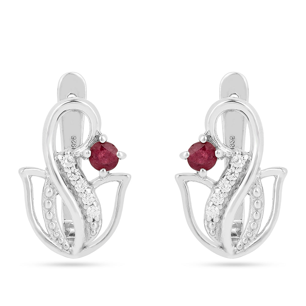 Strieborné Náušnice s Thajským Rubínom a Bielym Zirkónom 1 
