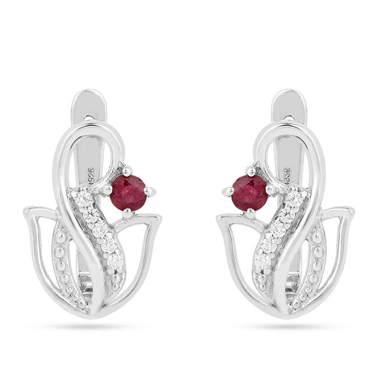 Strieborné Náušnice s Thajským Rubínom a Bielym Zirkónom