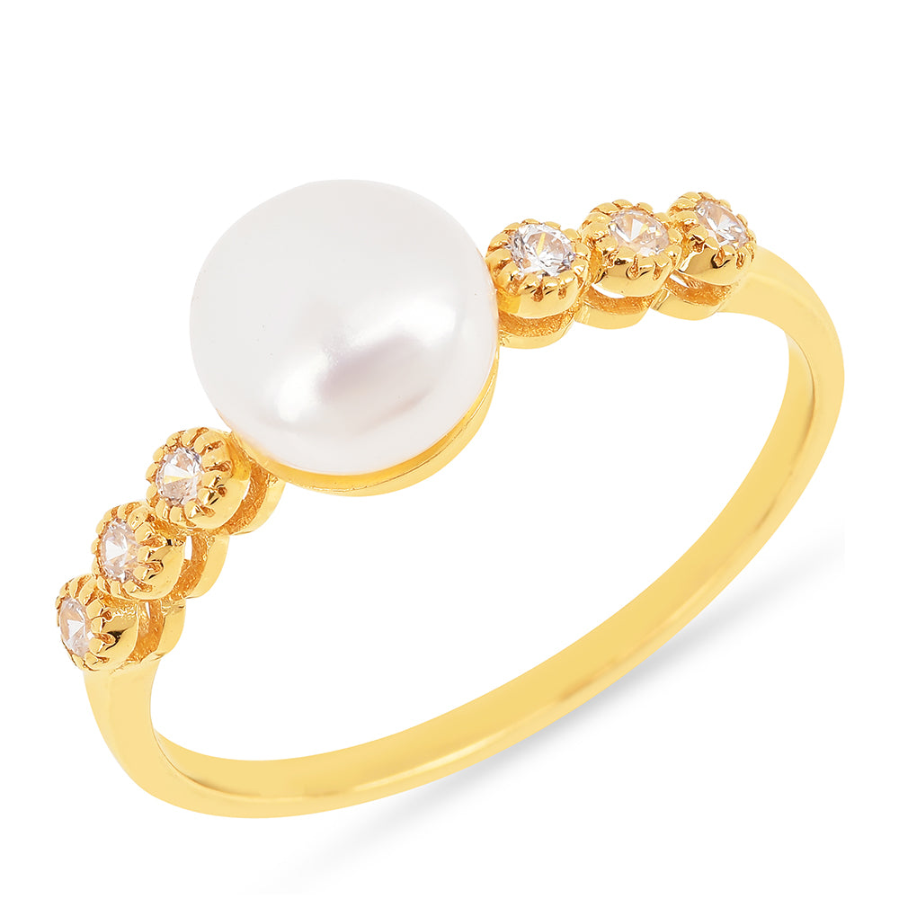 Pozlátený Strieborný Prsteň s S Krémovú Sladkovodnou Perlou a Bielym Zirkónom 1 
