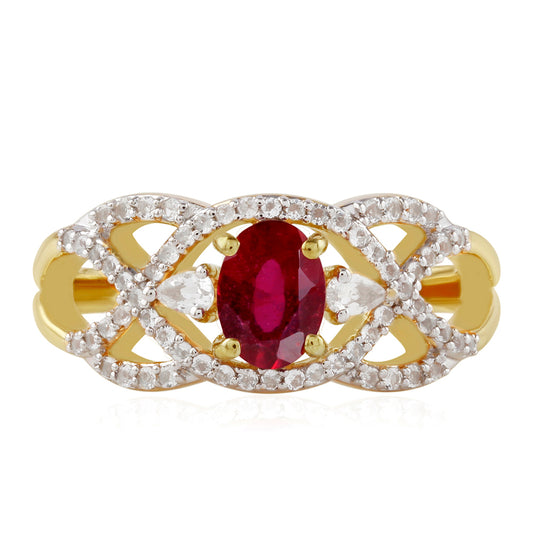 Pozlátený Strieborný Prsteň s Thajským Rubínom a Bielym Topásom