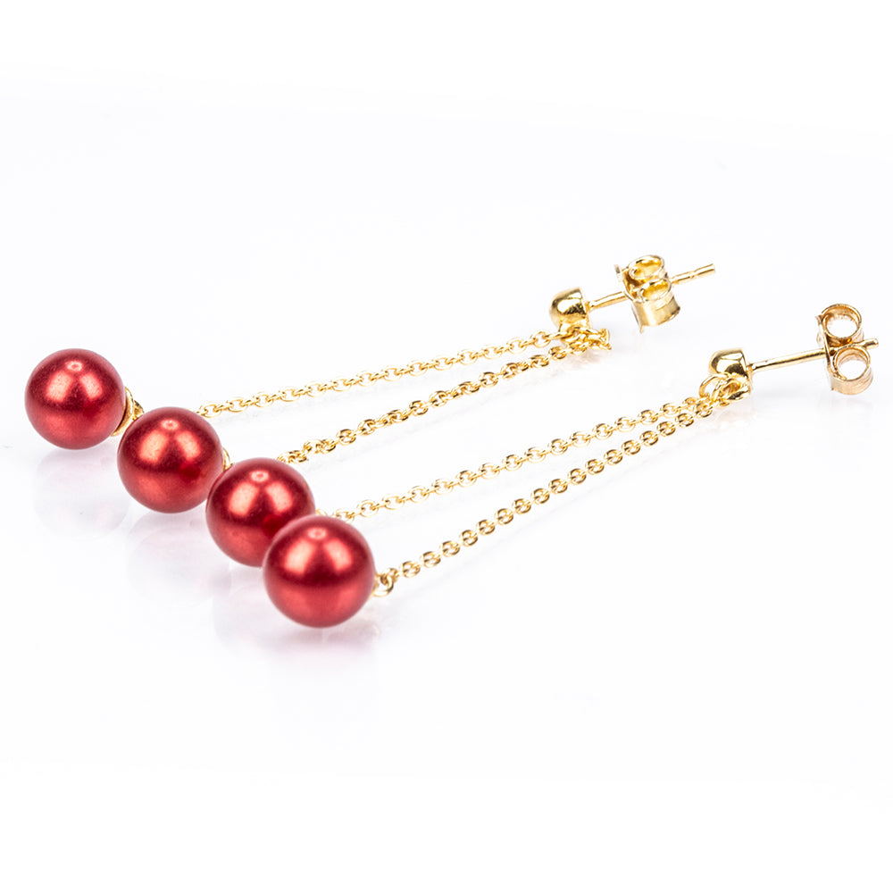 Pozlátené Strieborné Náušnice s Červená sladkovodná perlou 3 