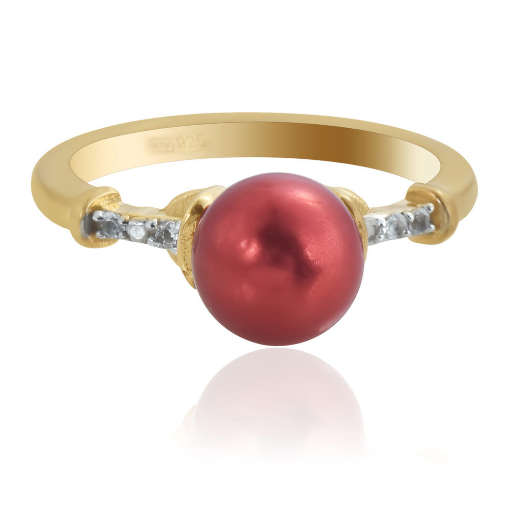 Pozlátený Strieborný Prsteň s Červená sladkovodná perlou a Bielym Topásom 2 