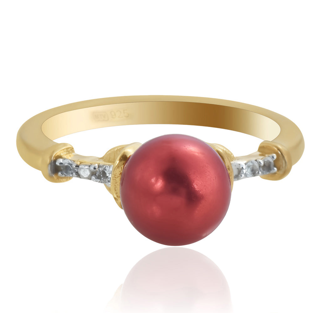 Pozlátený Strieborný Prsteň s Červená sladkovodná perlou a Bielym Topásom