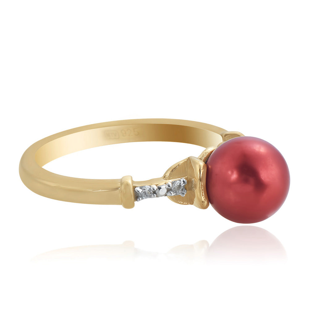 Pozlátený Strieborný Prsteň s Červená sladkovodná perlou a Bielym Topásom 4 