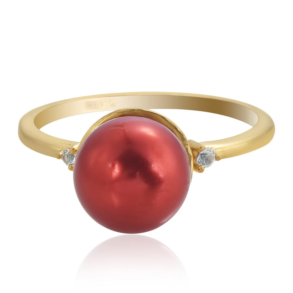 Pozlátený Strieborný Prsteň s Červená sladkovodná perlou a Bielym Topásom