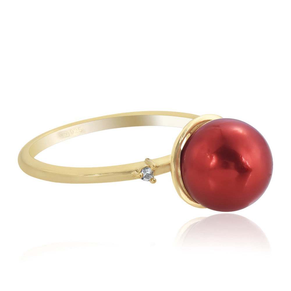 Pozlátený Strieborný Prsteň s Červená sladkovodná perlou a Bielym Topásom 2 