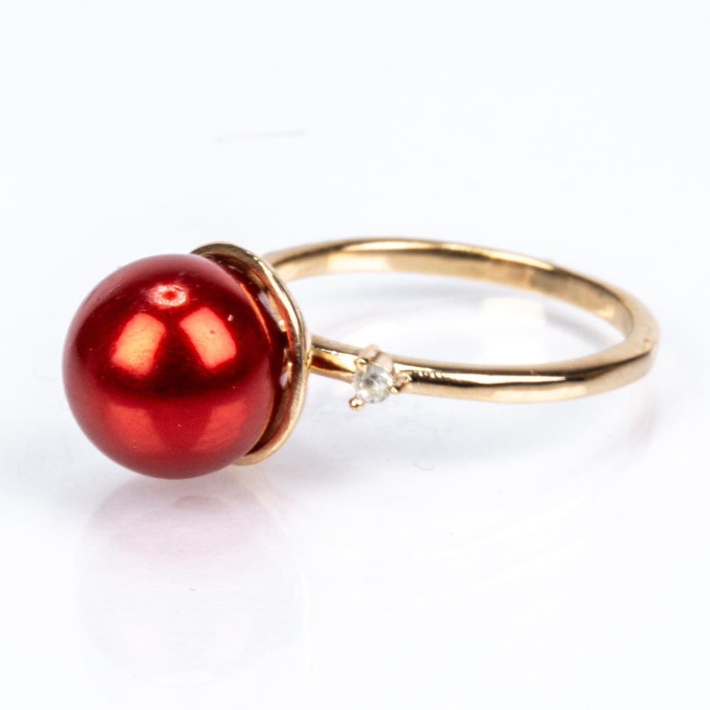 Pozlátený Strieborný Prsteň s Červená sladkovodná perlou a Bielym Topásom 3 