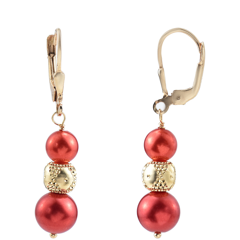 Pozlátené Strieborné Náušnice s Červená sladkovodná perlou 2 