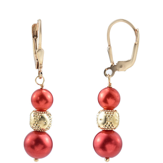 Pozlátené Strieborné Náušnice s Červená sladkovodná perlou