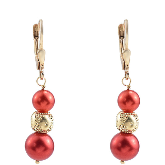 Pozlátené Strieborné Náušnice s Červená sladkovodná perlou