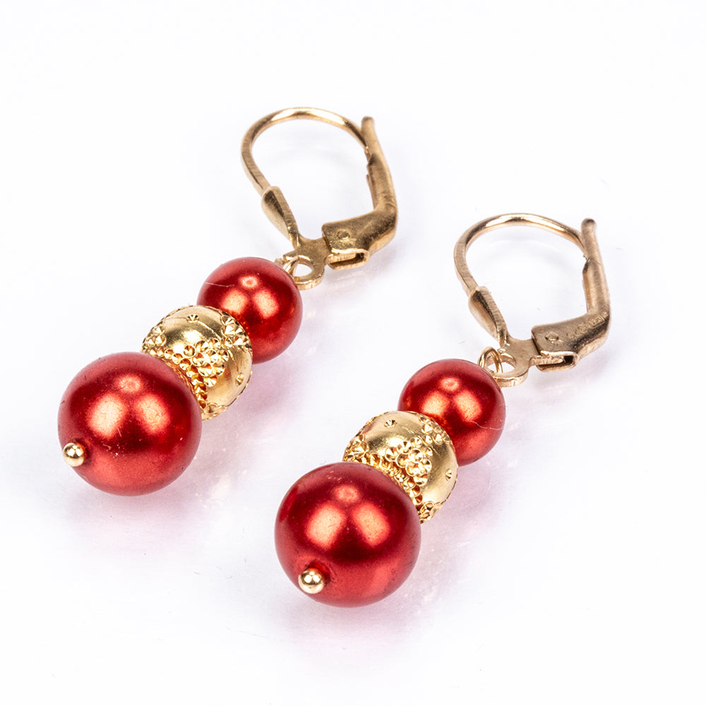Pozlátené Strieborné Náušnice s Červená sladkovodná perlou 3 