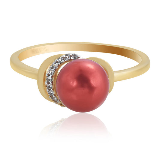 Pozlátený Strieborný Prsteň s Červená sladkovodná perlou a Bielym Topásom