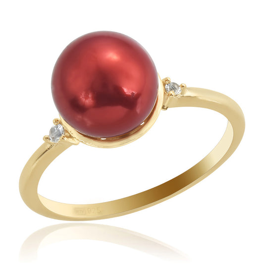 Pozlátený Strieborný Prsteň s Červená sladkovodná perlou a Bielym Topásom