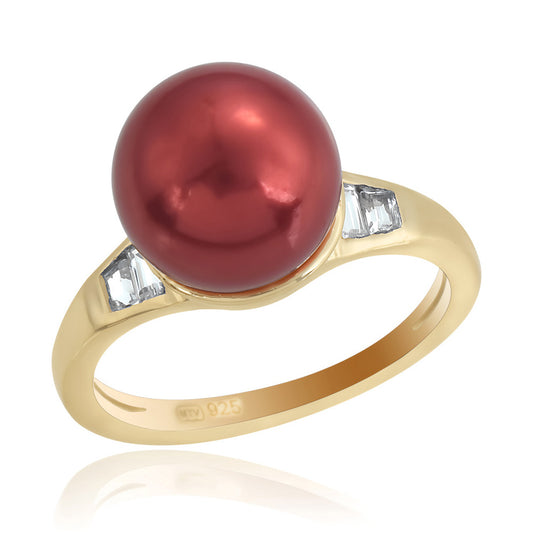 Pozlátený Strieborný Prsteň s Červená sladkovodná perlou a Bielym Topásom
