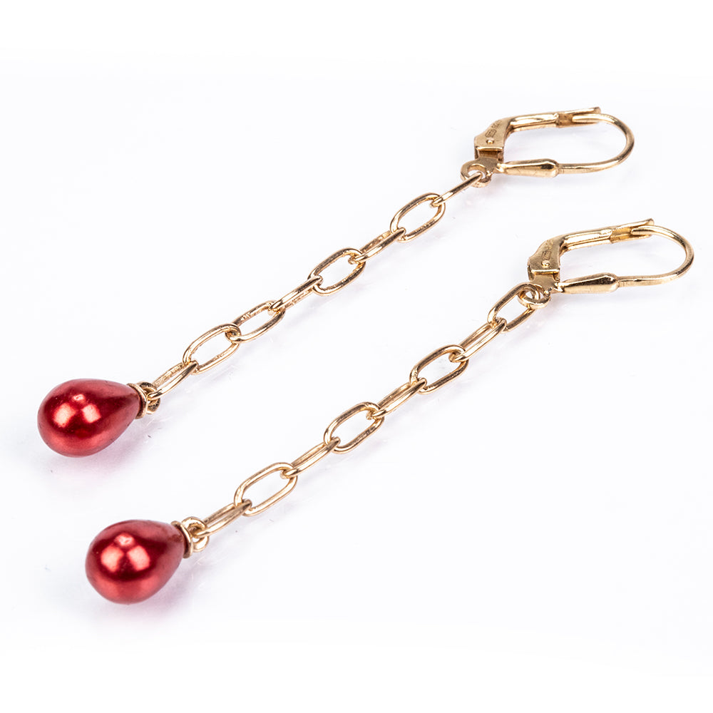 Pozlátené Strieborné Náušnice s Červená sladkovodná perlou 3 