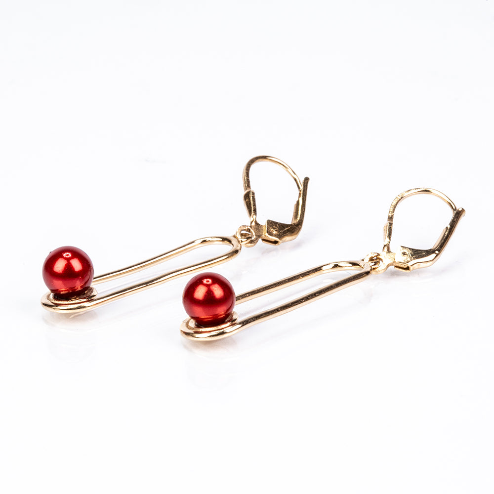 Pozlátené Strieborné Náušnice s Červená sladkovodná perlou 3 