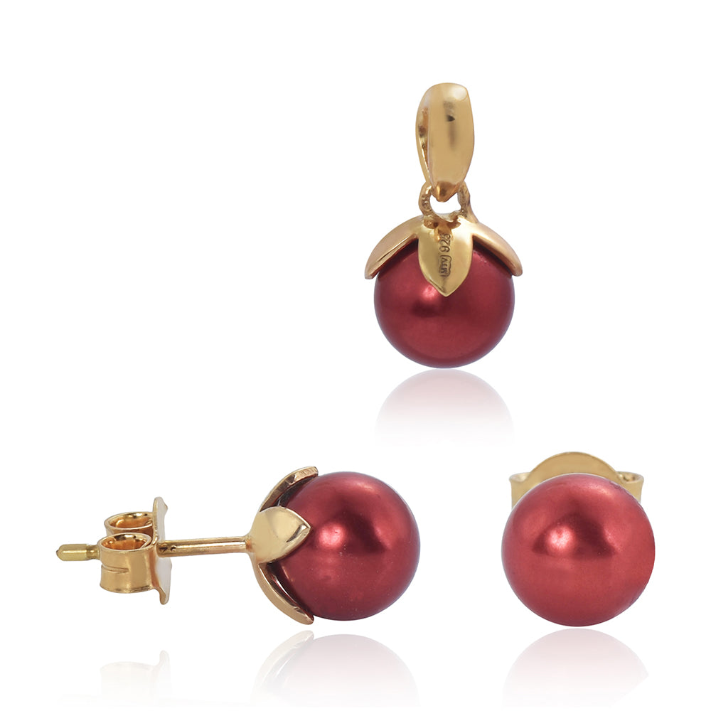 Pozlátené Strieborné Sada s Červená sladkovodná perlou ( Náušnice+Prsteň +Prívesok ) 5 