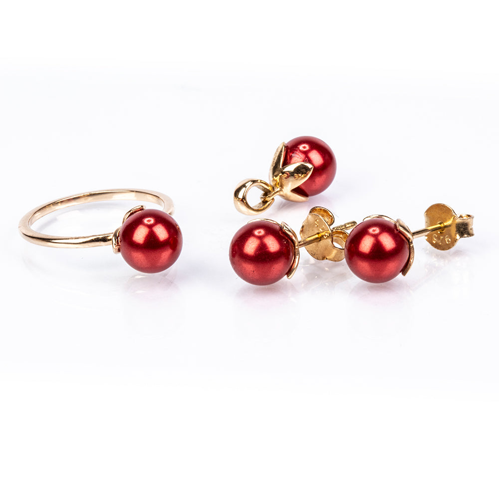 Pozlátené Strieborné Sada s Červená sladkovodná perlou ( Náušnice+Prsteň +Prívesok ) 1 