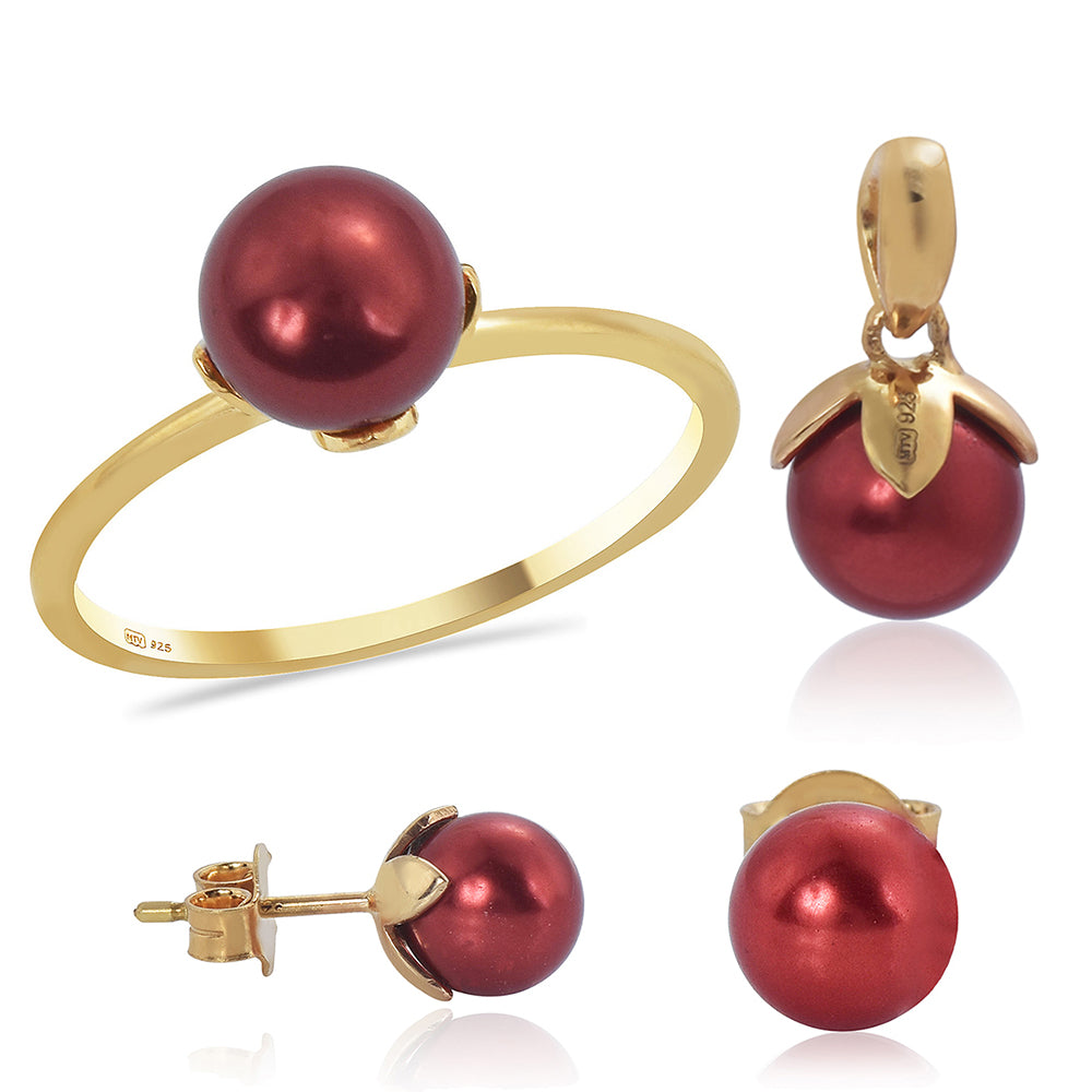 Pozlátené Strieborné Sada s Červená sladkovodná perlou ( Náušnice+Prsteň +Prívesok ) 13 