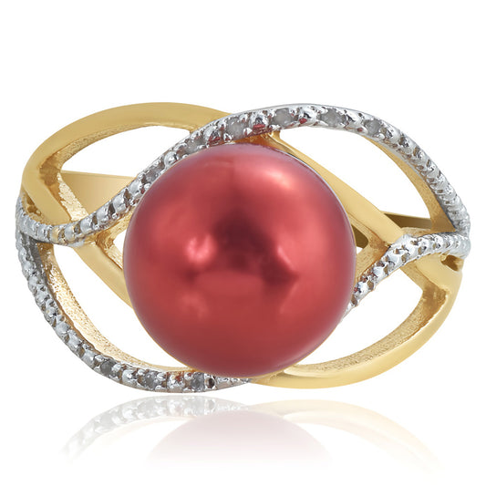 Pozlátený Strieborný Prsteň s Červená sladkovodná perlou a Bielym Topásom