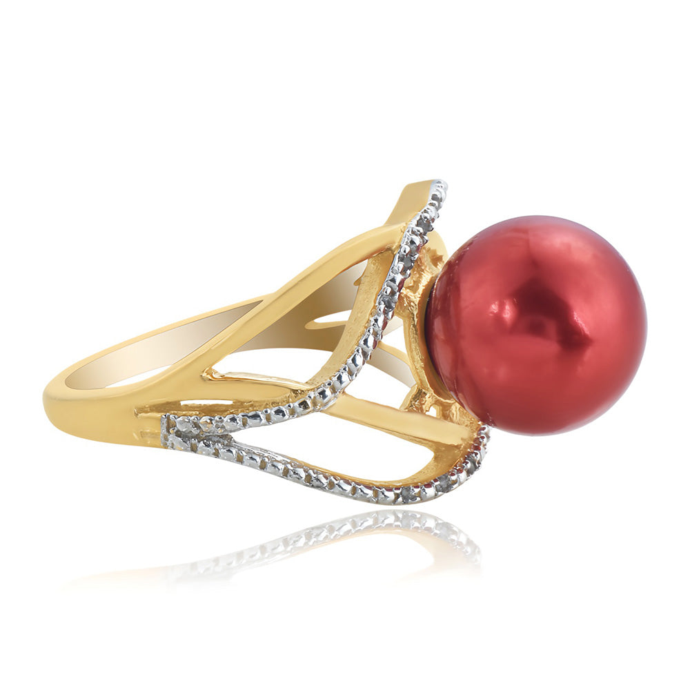 Pozlátený Strieborný Prsteň s Červená sladkovodná perlou a Bielym Topásom