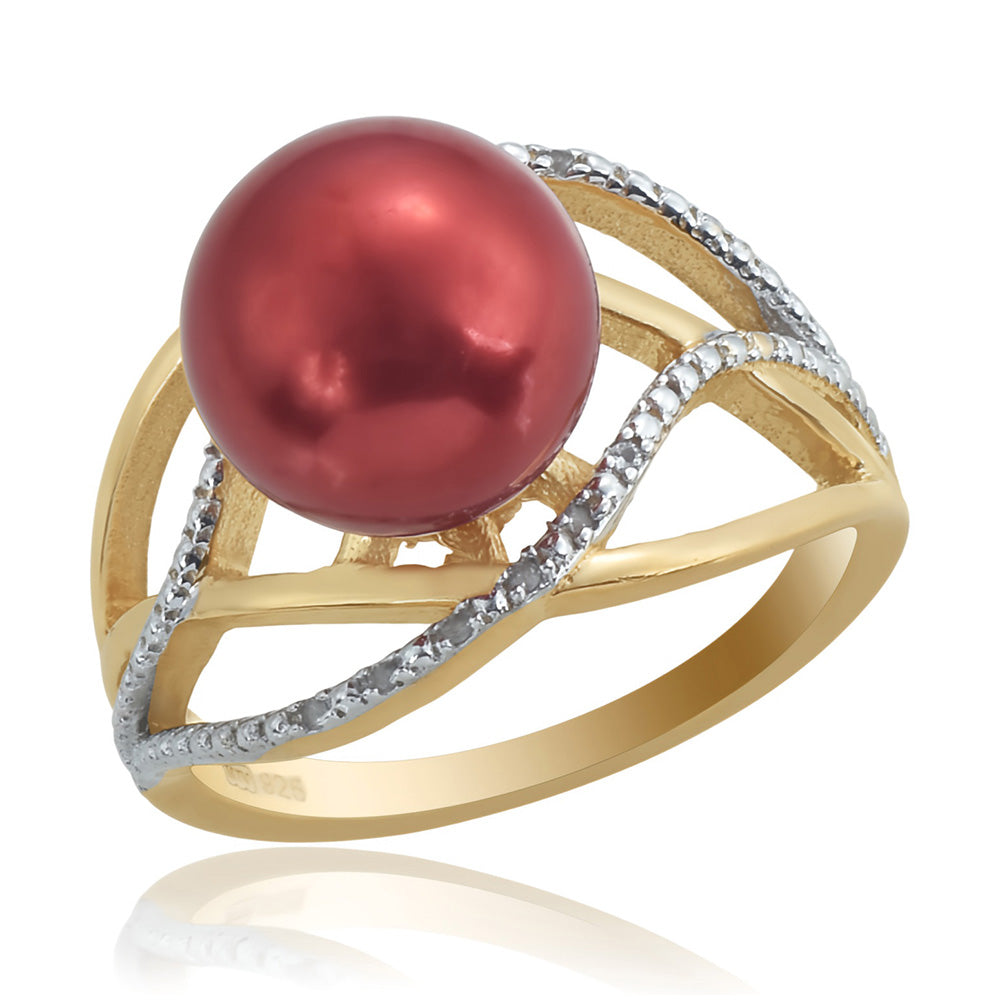 Pozlátený Strieborný Prsteň s Červená sladkovodná perlou a Bielym Topásom 1 