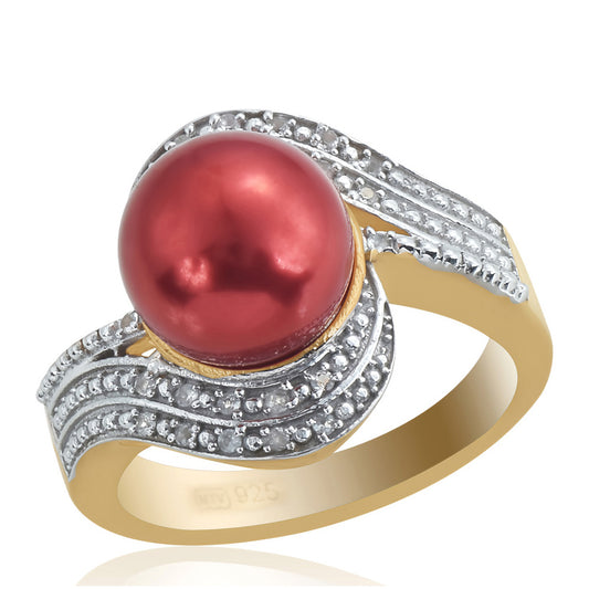 Pozlátený Strieborný Prsteň s Červená sladkovodná perlou a Bielym Topásom